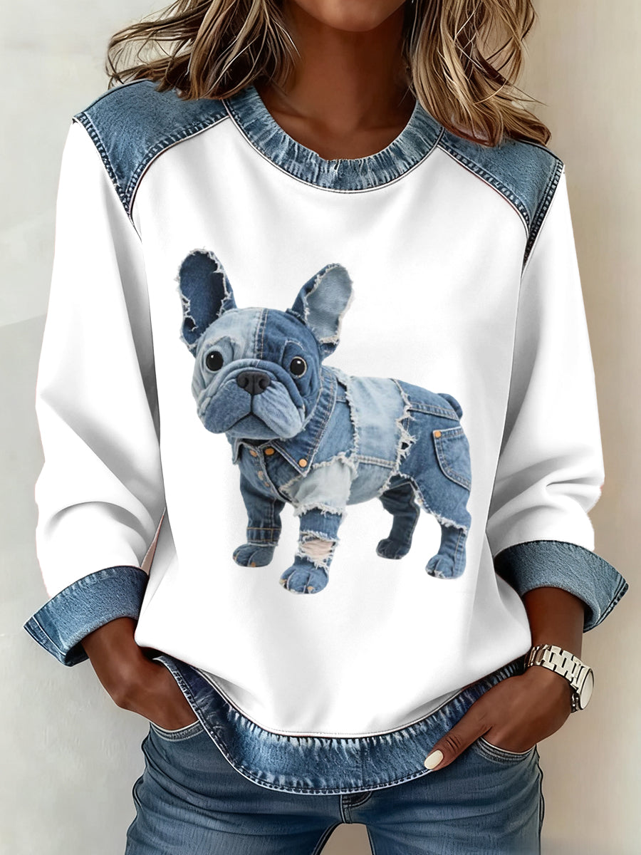 Alma - Dames sweatshirt met denim patchwork in Franse bulldog stijl