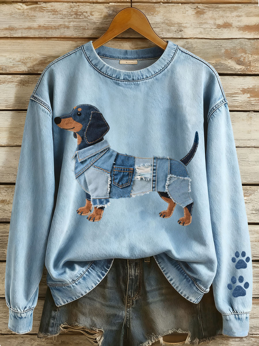 Sol - Dames sweatshirt met denim patchwork en teckelmotief