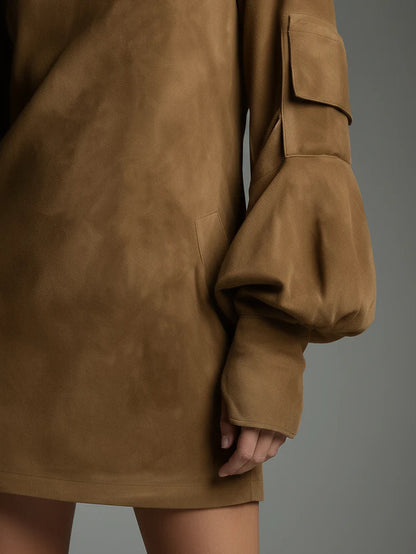 Beli | Losse minijurk van suede met hoge hals