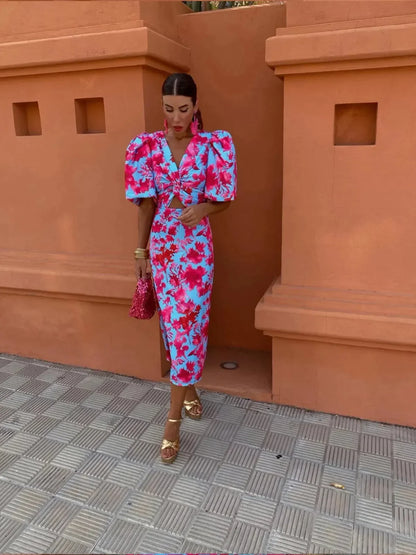 Laluna® | Kleurrijke Jurk met Geplooide Mouwen