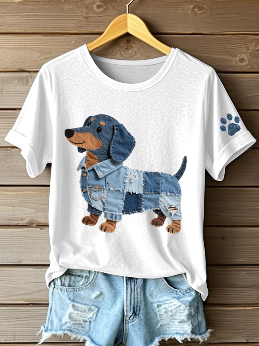 Ciela - Dames patchwork kunstjeans T-shirt met dachshundpatroon