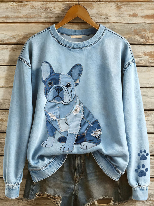 Nina - Dames sweatshirt met denim patchwork in Franse bulldog stijl