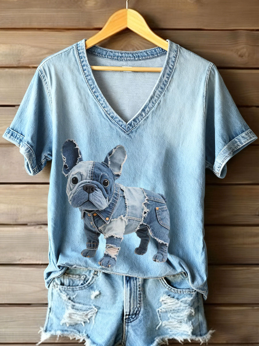 Dulce - Dames T-shirt met V-hals in Franse bulldog stijl