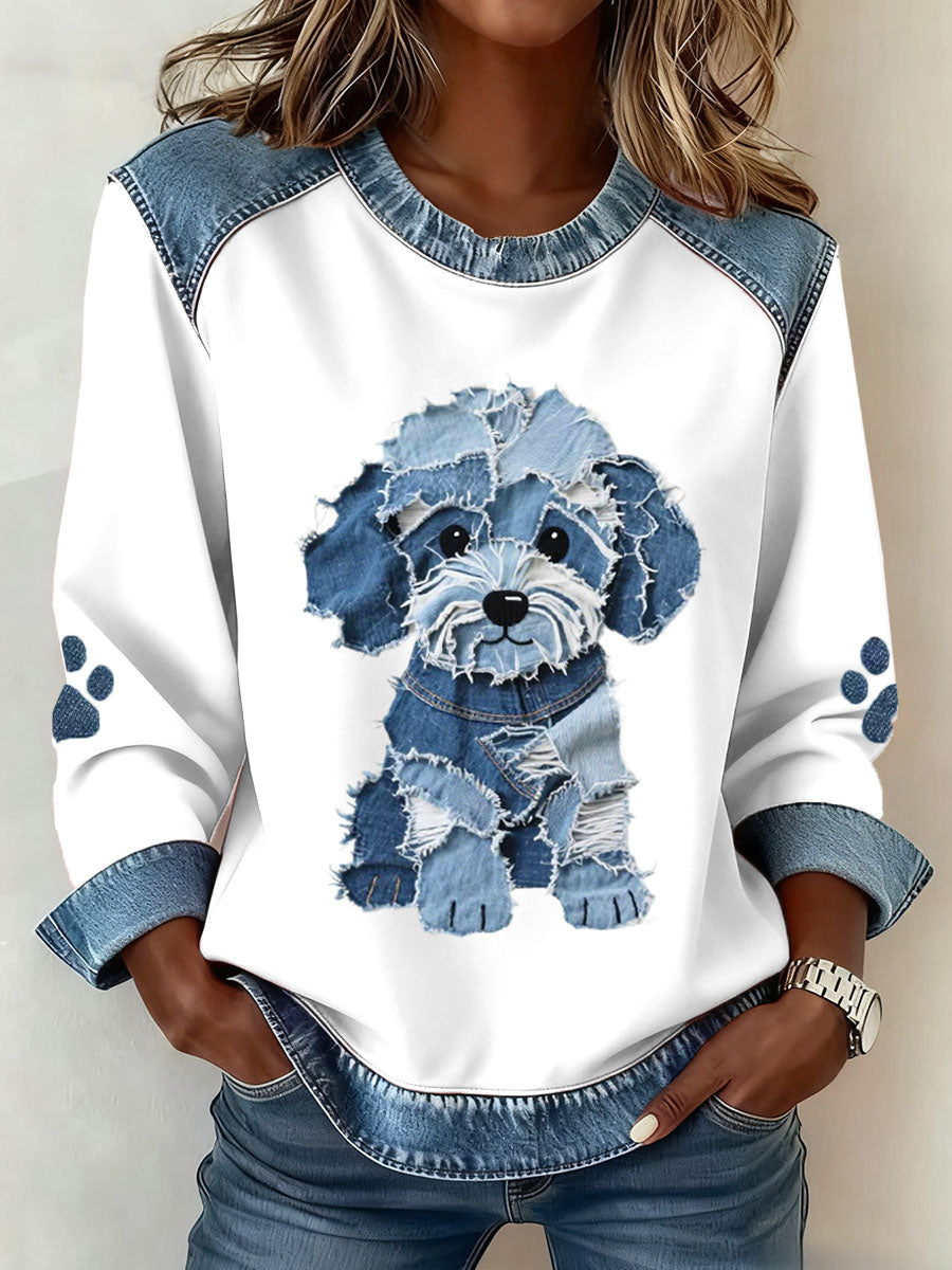 Luz - Dames hoodie met patchworkmotief en denimprint van een harige hond